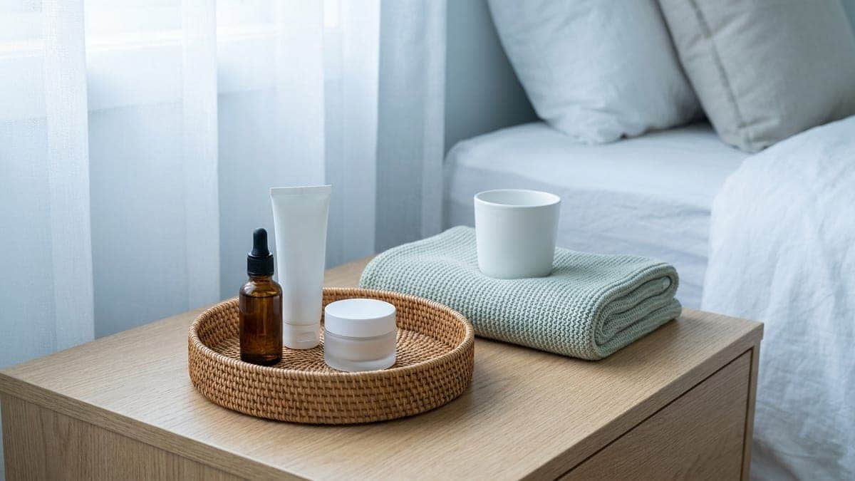 Petit plateau en rotin sur une table de chevet en chêne clair : flacon d'huile ambré à pipette, tube blanc et pot de crème sans étiquette, à côté d'une couverture de bébé tricotée vert sauge et d'une tasse blanche