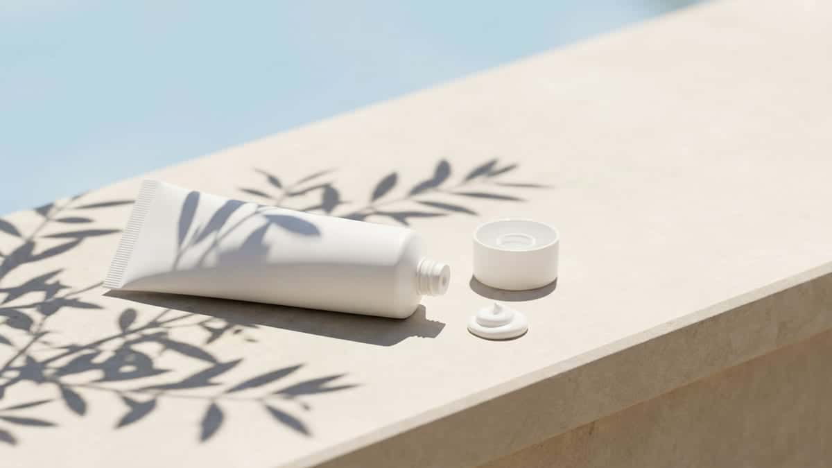 Tube blanc de crème solaire sans étiquette, débouché, posé au soleil sur un rebord de pierre claire, à côté de son bouchon et d'une noisette de crème, sous l'ombre de feuilles
