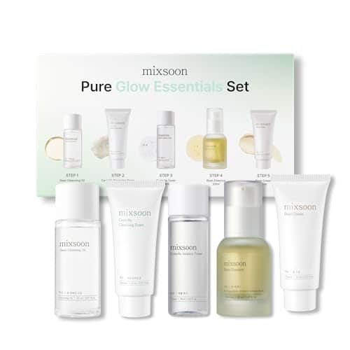 Coffret mixsoon Pure Glow Essentials Set : la boîte et ses cinq minis blancs, huile nettoyante, mousse, tonique, essence et crème