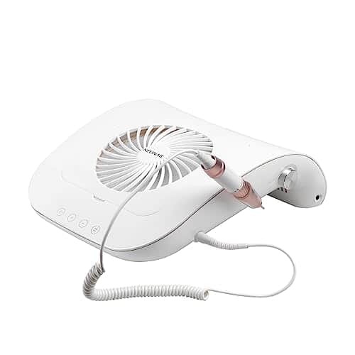 Néonail Futuro : aspirateur de table blanc à ventilateur visible sous une grille, pièce à main rose dorée reliée par un câble spiralé