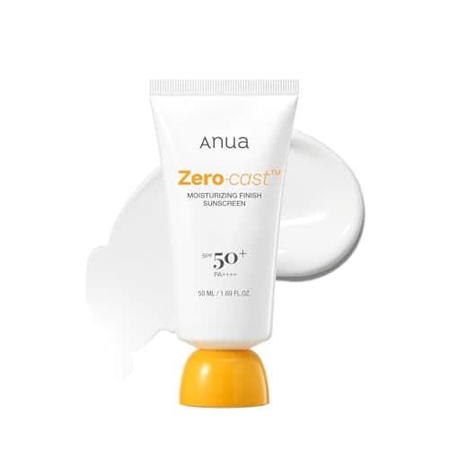 Tube blanc à bouchon jaune de la crème solaire Anua Zero-cast Moisturizing Finish Sunscreen SPF 50+ PA++++, 50 ml
