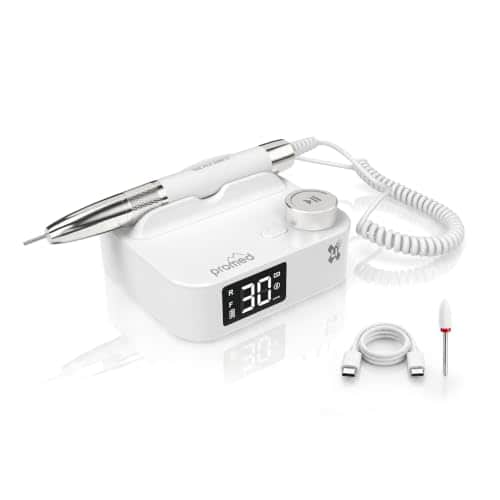 Ponceuse sans fil Promed The File 3030-X : station blanche à écran affichant 30, pièce à main argentée, câble USB-C et embout