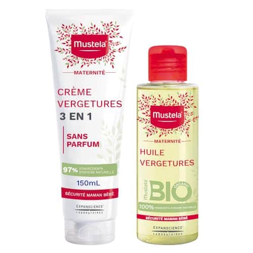 Tube blanc de Crème Vergetures sans parfum 150 ml et flacon d'Huile Vergetures bio, gamme Mustela Maternité
