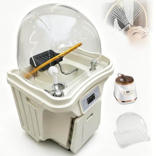 Bac head spa QITUJOUR beige sous un dôme transparent, arceau doré, tiroir d'eaux usées en façade, appareil à vapeur posé à côté