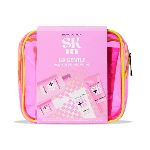 Kit Revolution Skin Go Gentle : baume démaquillant, tonique lacté, sérum et crème en petits tubes, avec une pochette rose transparente