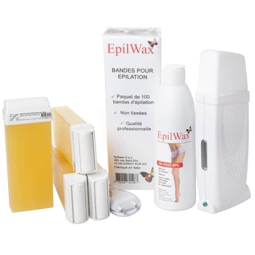 Kit EpilWax : chauffe-cire roll-on blanc, cartouches de cire jaune miel, paquet de 100 bandes et flacon d'huile après épilation