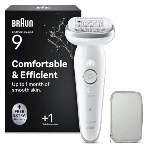 Épilateur électrique Braun Silk·épil 9 argenté, sans fil, avec sa tête large à pinces