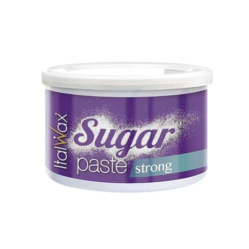 Boîte métallique Italwax « Sugar paste strong » à couvercle blanc, étiquette violette saupoudrée de sucre