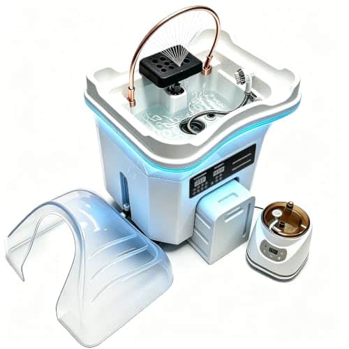 Bac head spa blanc à bandeau lumineux bleu, arceau doré, tiroir d'eaux usées en bas, cloche de vapeur et appareil à vapeur à côté