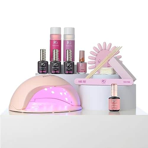Coffret Pink Gellac avec lampe LED rose, flacons de base, de top et de vernis nude, huile, cleaner et dissolvant