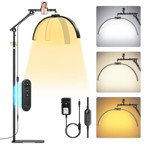 Lampe demi-lune Adonafy noire sur pied, arc lumineux et support de téléphone au sommet du mât, télécommande et adaptateur à côté
