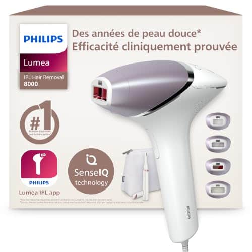 Boîte du Philips Lumea 8000 BRI949, avec devant elle l'épilateur à lumière pulsée blanc et lilas, ses quatre embouts, sa trousse et sa tondeuse-stylo