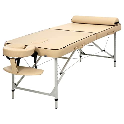Table de massage pliante Master Massage Breeze couleur crème, pieds en aluminium, têtière réglable montée en bout de table
