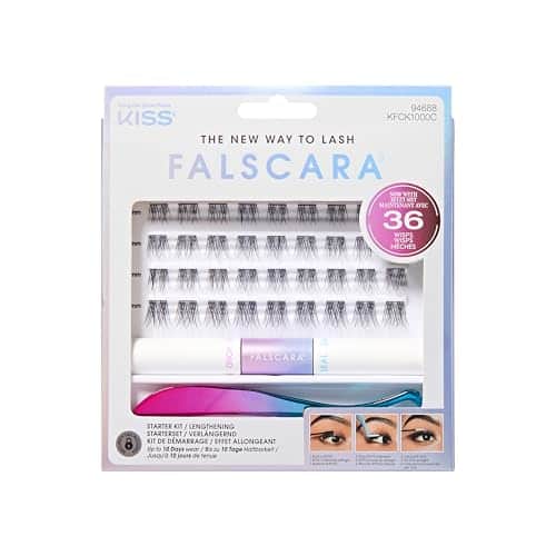 Boîte du kit de démarrage KISS Falscara : 36 mèches noires en quatre rangées, tubes Bond et Seal, applicateur rose et bleu