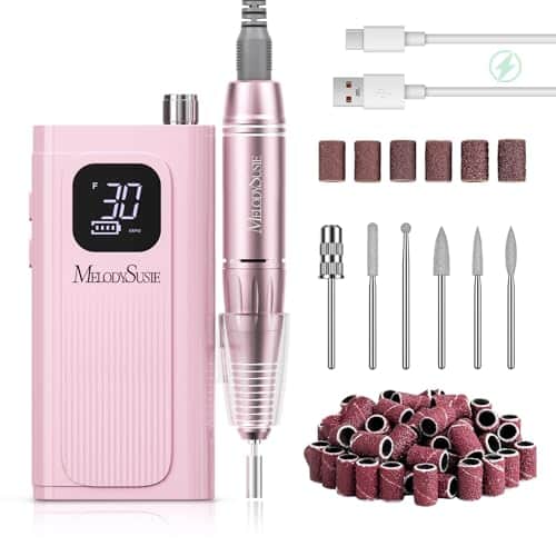 Ponceuse MelodySusie SC300F rose : boîtier à écran affichant 30, pièce à main en stylo, six embouts, manchons de ponçage et câbles