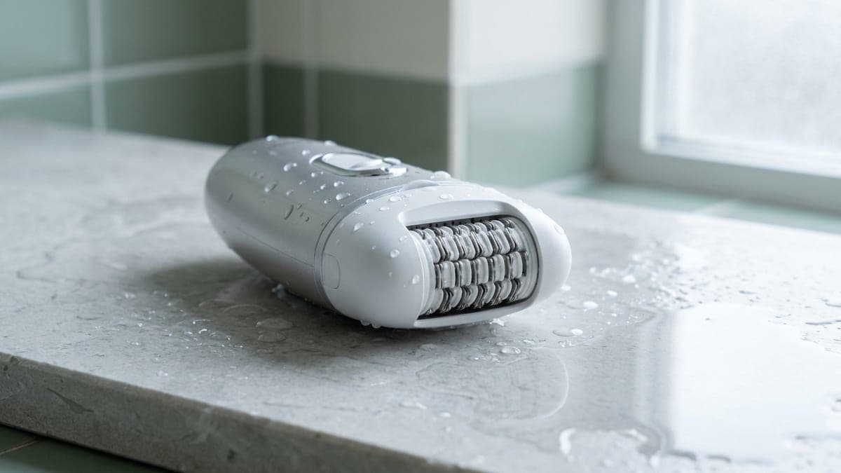 Épilateur électrique sans fil argenté et blanc couché sur une pierre grise mouillée de salle de bains, tête à pinces tournée vers l'objectif, gouttes d'eau sur l'appareil