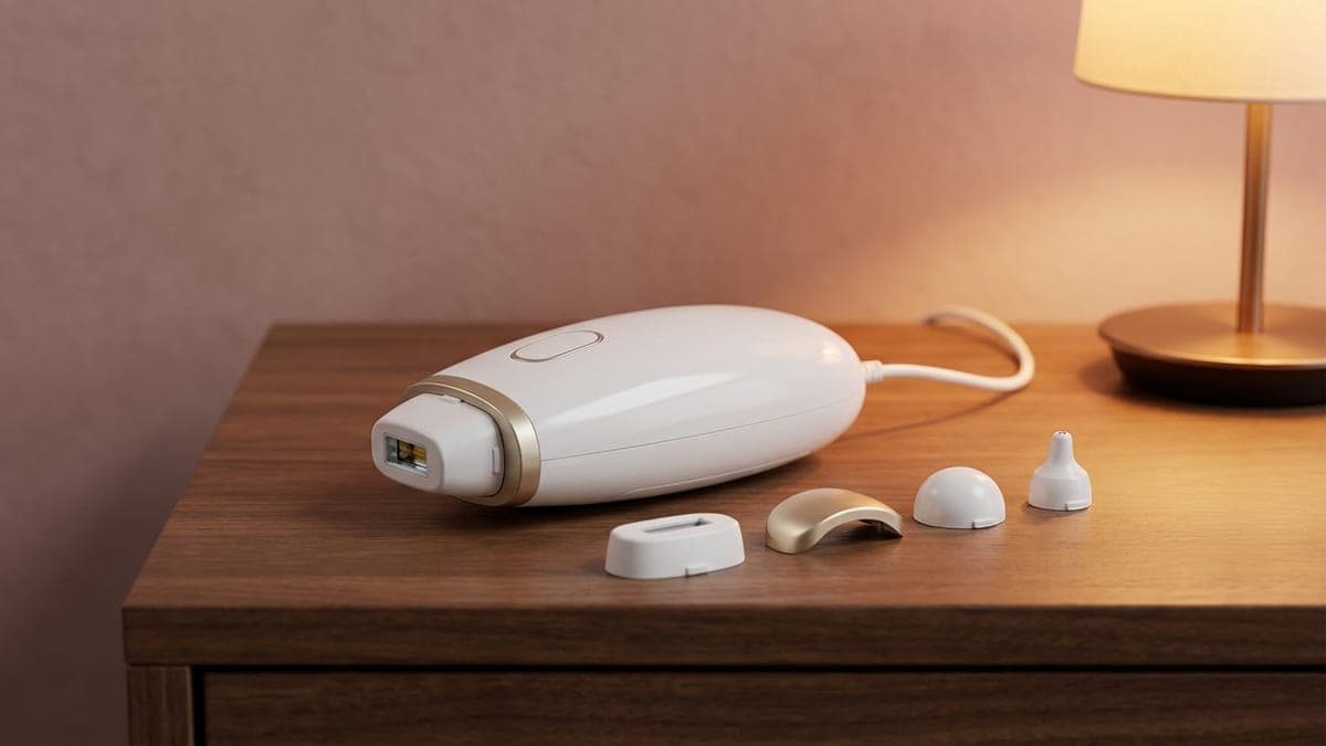 Épilateur à lumière pulsée blanc cerclé de doré, posé à plat sur une commode en noyer, avec quatre têtes de tailles différentes alignées devant lui