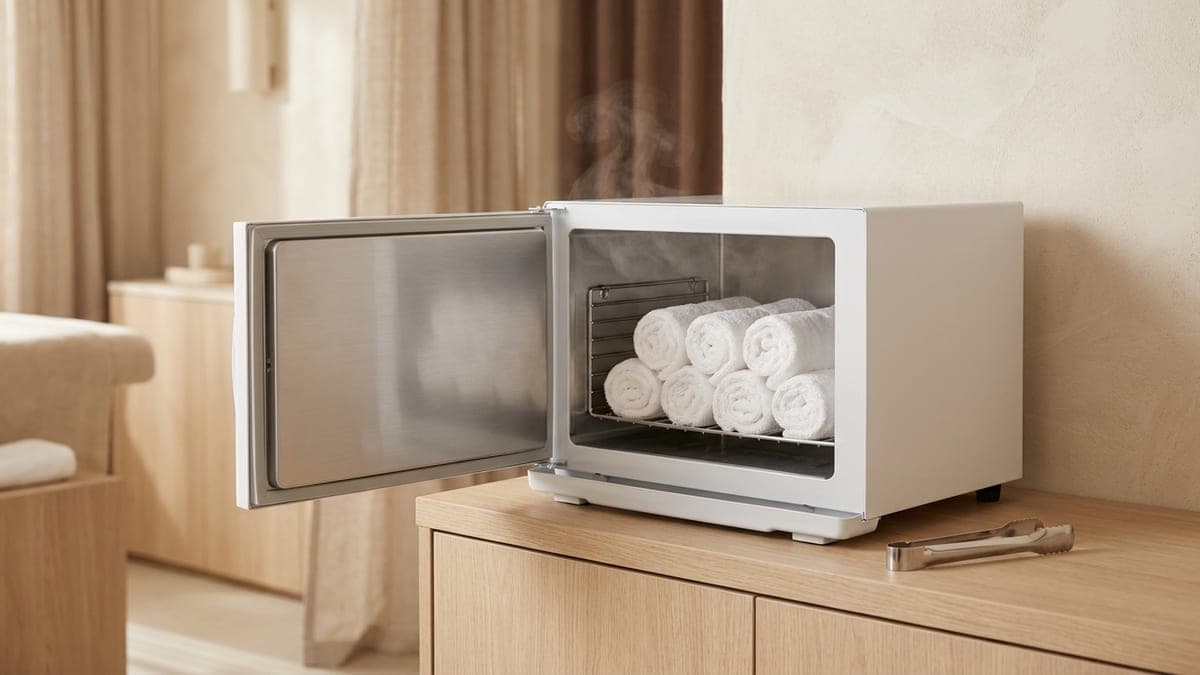 Armoire chauffe-serviettes blanche ouverte sur un meuble en chêne clair, serviettes roulées sur une grille inox, vapeur légère et pince à serviettes posée à côté