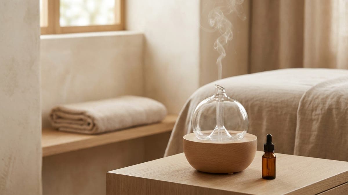 Diffuseur d'huile essentielle par nébulisation, globe en verre soufflé sur socle en bois clair, posé près d'une table de massage dans une cabine lumineuse