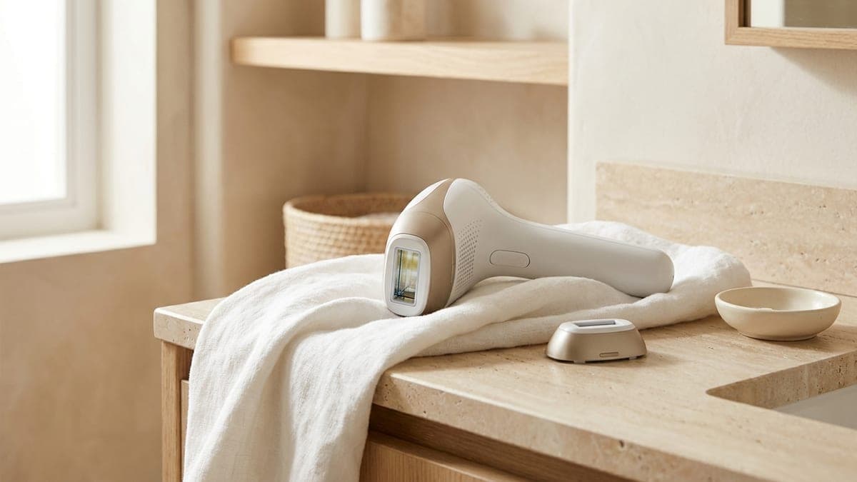Épilateur à lumière pulsée blanc et doré posé sur une serviette en lin dans une salle de bains claire, fenêtre de flash visible, embout de précision à côté