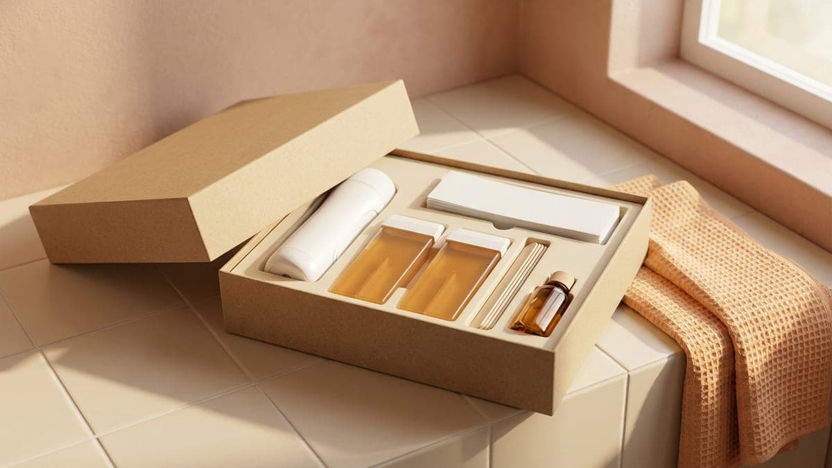 Boîte de kit d'épilation ouverte sur un plan de salle de bains : chauffe-cire roll-on blanc, deux cartouches de cire couleur miel, bandes blanches, spatules en bois et petit flacon d'huile