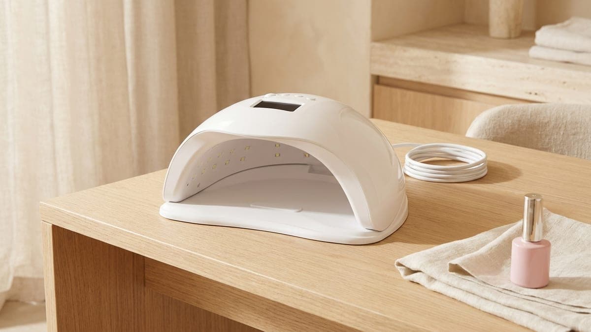 Lampe UV/LED pour ongles blanche en forme de dôme, LED visibles à l'intérieur, posée sur une table de manucure en bois clair à côté d'un flacon de vernis rose