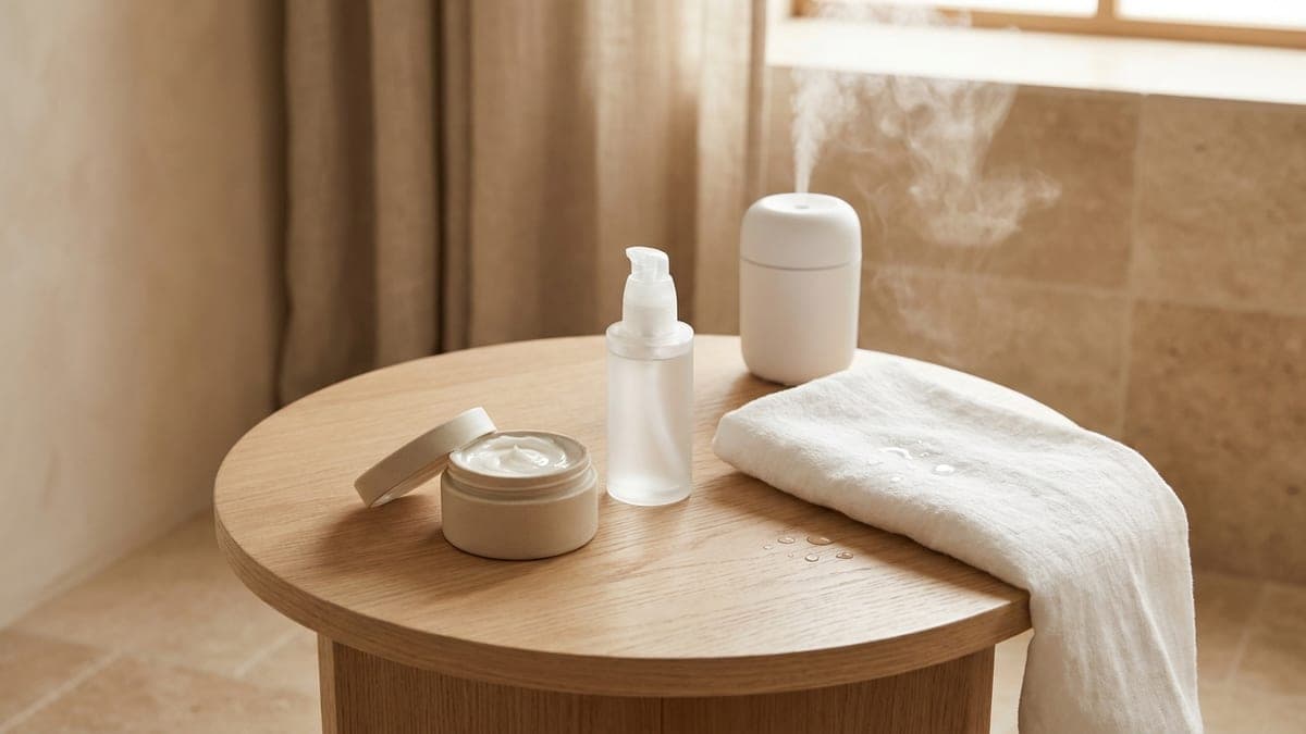 Pot de crème blanche ouvert et flacon pompe de gel transparent sans étiquette sur une desserte en bois clair, près d'une serviette blanche légèrement humide et d'un petit humidificateur blanc