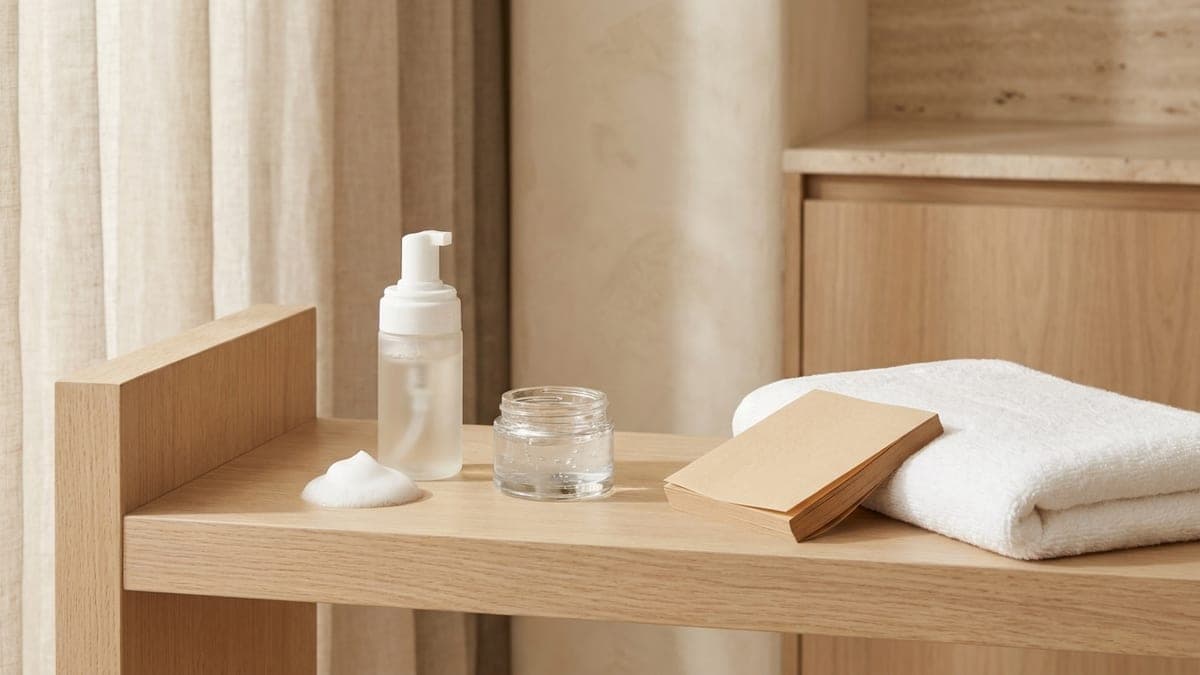 Routine peau grasse sur une étagère en chêne clair : flacon mousseur de gel nettoyant avec un peu de mousse, pot de gel hydratant transparent, carnet de papier matifiant et serviette blanche pliée