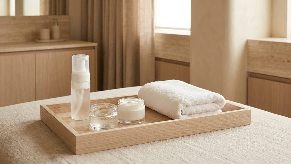 Routine peau mixte sur une tablette claire : flacon mousseur de nettoyant, pot de gel léger transparent et pot de crème blanche côte à côte, serviette blanche pliée