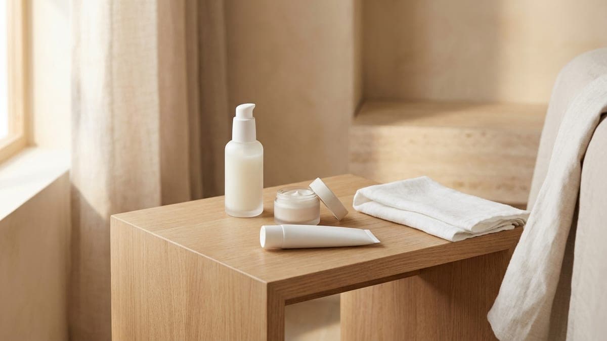 Trois soins visage sans étiquette sur une desserte en bois clair : flacon pompe de nettoyant doux, pot de crème légère et tube de crème solaire, à côté d'une serviette blanche pliée