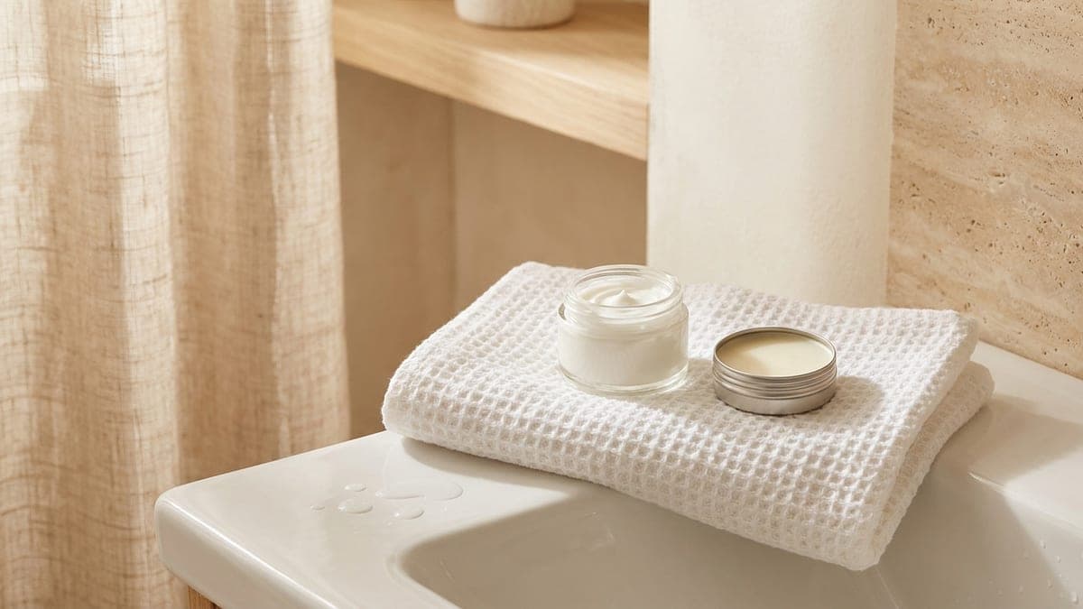 Pot de crème riche ouvert et petite boîte de baume sans étiquette posés sur une serviette blanche pliée, près d'un lavabo, dans une salle de bains claire