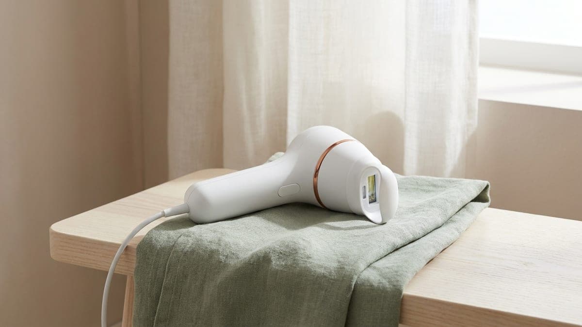 Épilateur à lumière pulsée blanc cerclé de cuivre posé sur une serviette en lin vert sauge, son cordon blanc qui file hors du cadre