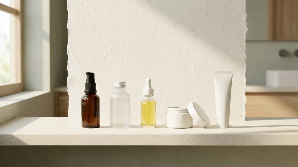 Routine coréenne alignée dans l'ordre d'usage sur une étagère en pierre claire : flacon pompe d'huile démaquillante ambré, flacon de toner, flacon compte-gouttes de sérum, pot de crème ouvert et tube de crème solaire