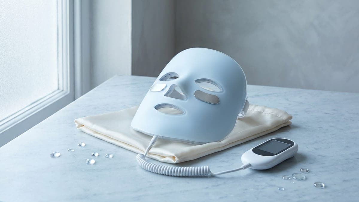 Masque LED rigide bleu pâle avec deux patchs métalliques sous les yeux, posé sur une housse satinée, sa télécommande reliée par un câble