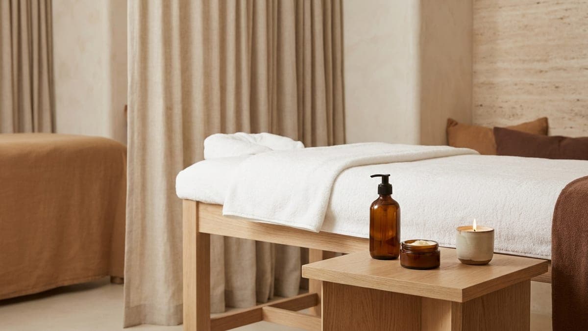 Table de massage couverte d'une serviette éponge, flacon d'huile ambrée, pot de beurre de massage et bougie allumée sur une desserte en bois