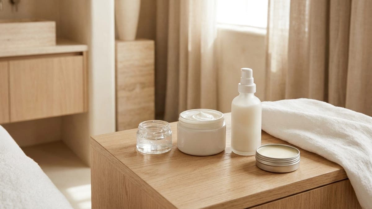Quatre textures de soin visage sans étiquette sur une desserte en bois clair : pot de gel transparent, pot de crème blanche, flacon pompe de lait et boîte de baume, à côté d’une serviette blanche