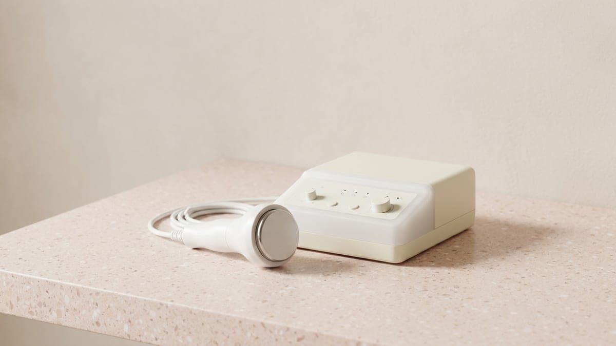 Sonde de cavitation à tête métallique ronde, reliée à un boîtier de commande blanc