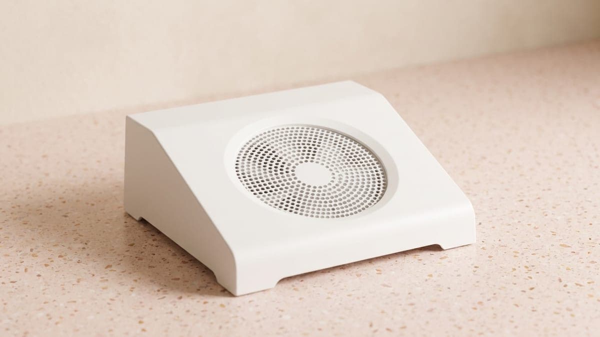 Aspirateur de table pour ongles blanc, grille perforée sur son plateau incliné