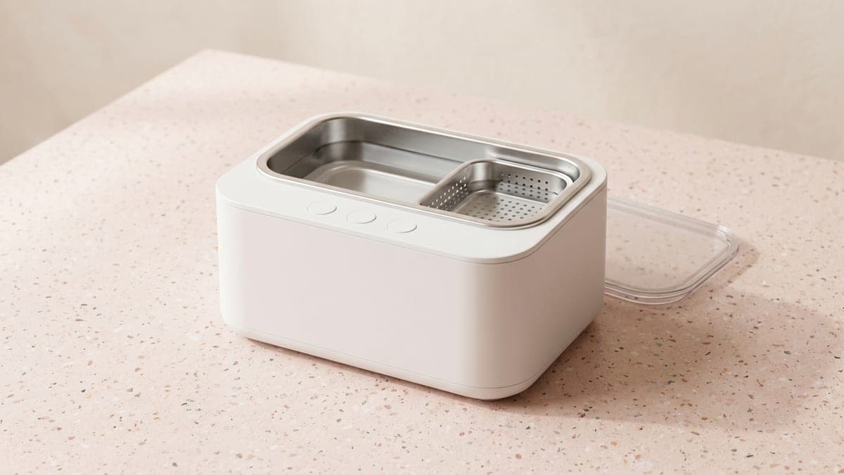 Bac à ultrasons blanc, cuve en inox et panier perforé, couvercle transparent posé à côté