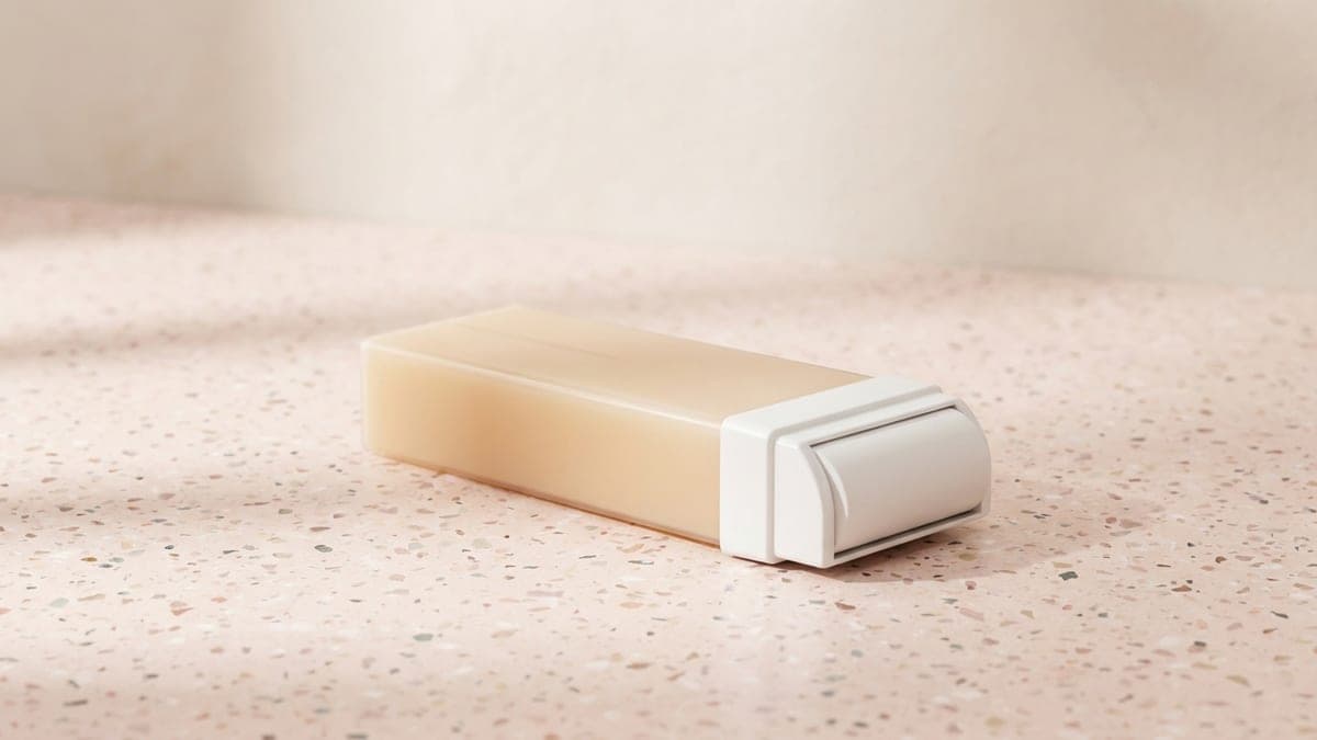 Cartouche de cire roll-on couchée, corps translucide rempli de cire claire, tête blanche à rouleau