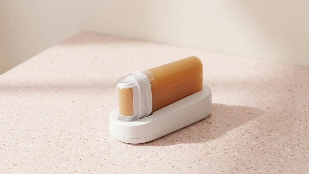 Chauffe-cire roll-on blanc posé sur son socle, cartouche de cire ambrée engagée et tête à rouleau vers l'avant