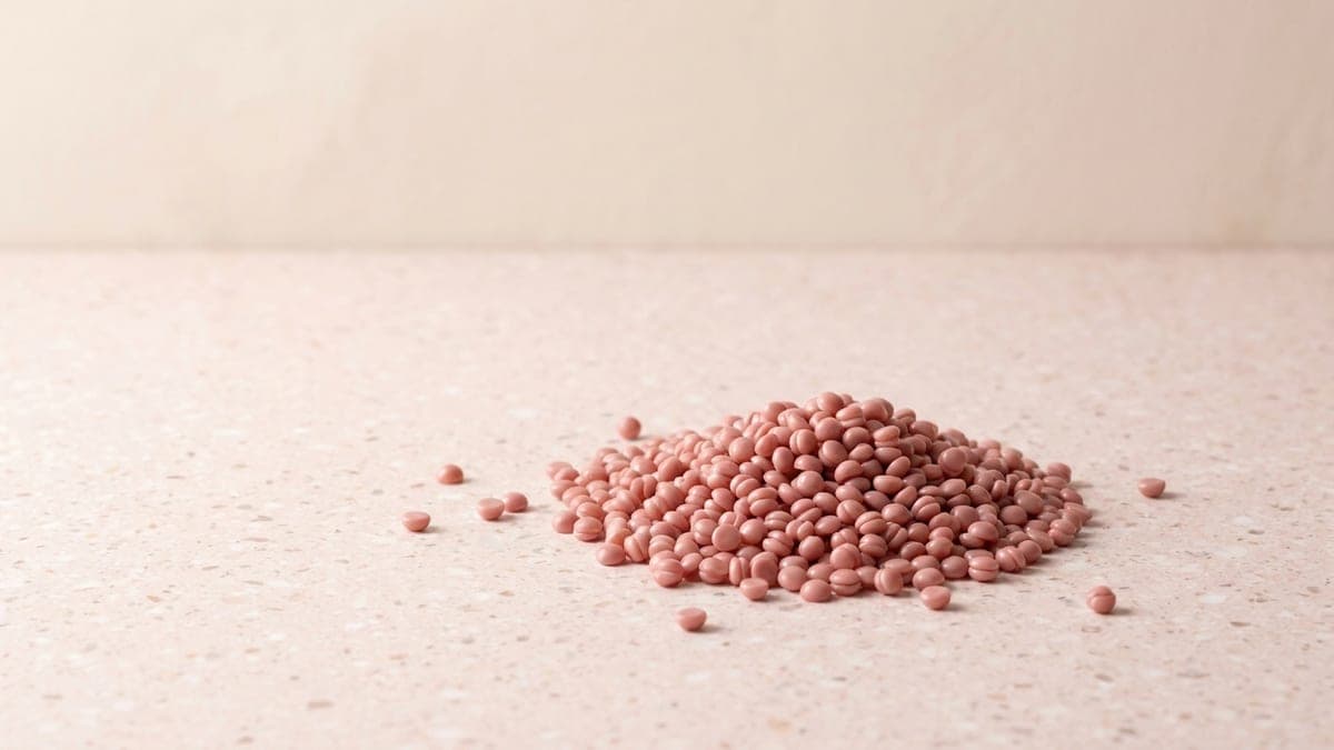Petit tas de perles de cire rose, quelques perles éparpillées autour