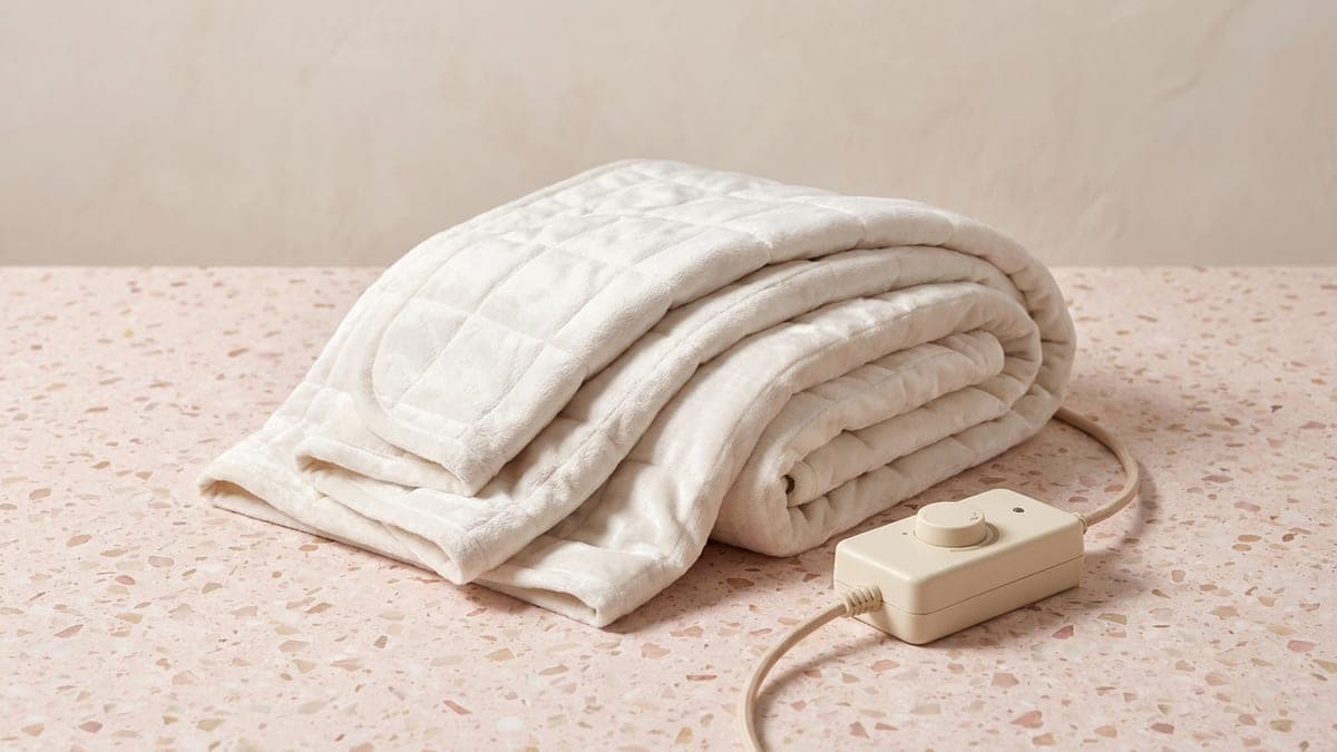 Couverture chauffante matelassée blanche, pliée, avec son boîtier de réglage