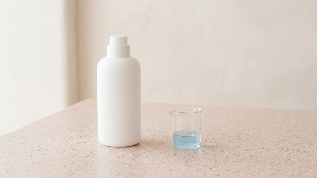 Flacon de désinfectant concentré sans étiquette à côté d'un doseur de liquide bleu pâle