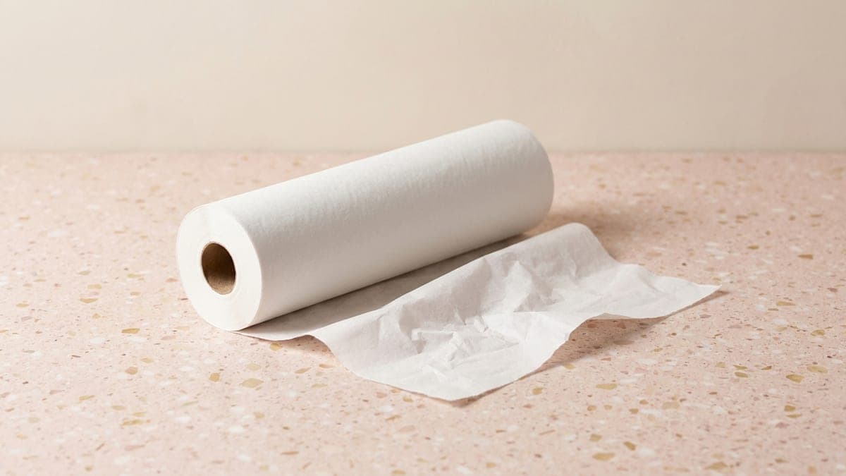 Rouleau de drap d'examen en papier blanc, déroulé sur quelques centimètres