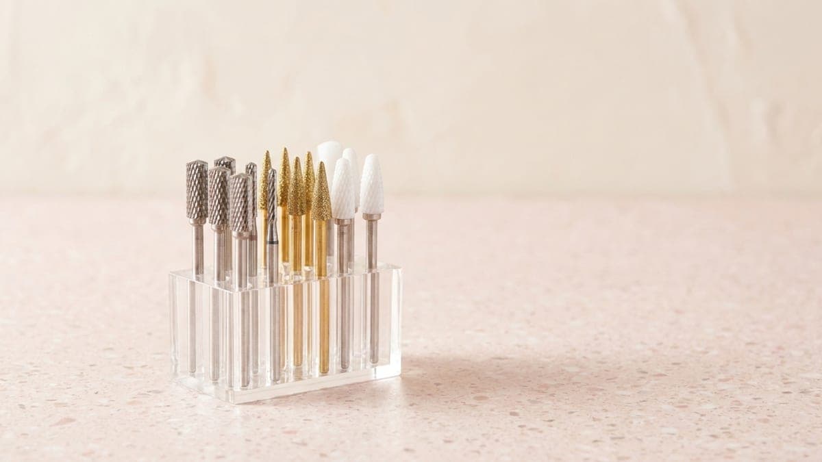 Embouts de ponceuse à ongles en carbure, diamant et céramique rangés debout dans un support