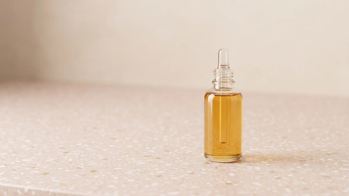 Petit flacon en verre rempli d'huile dorée, avec sa pipette