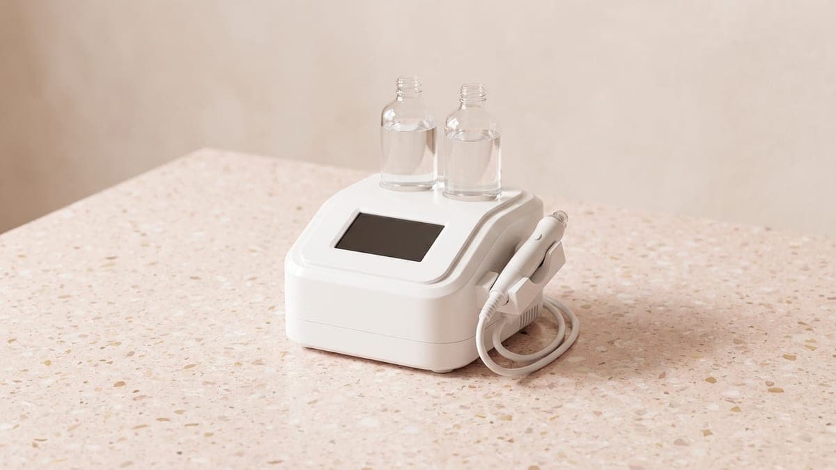 Machine d'hydrodermabrasion de table blanche, deux flacons transparents dessus, écran éteint et pièce à main