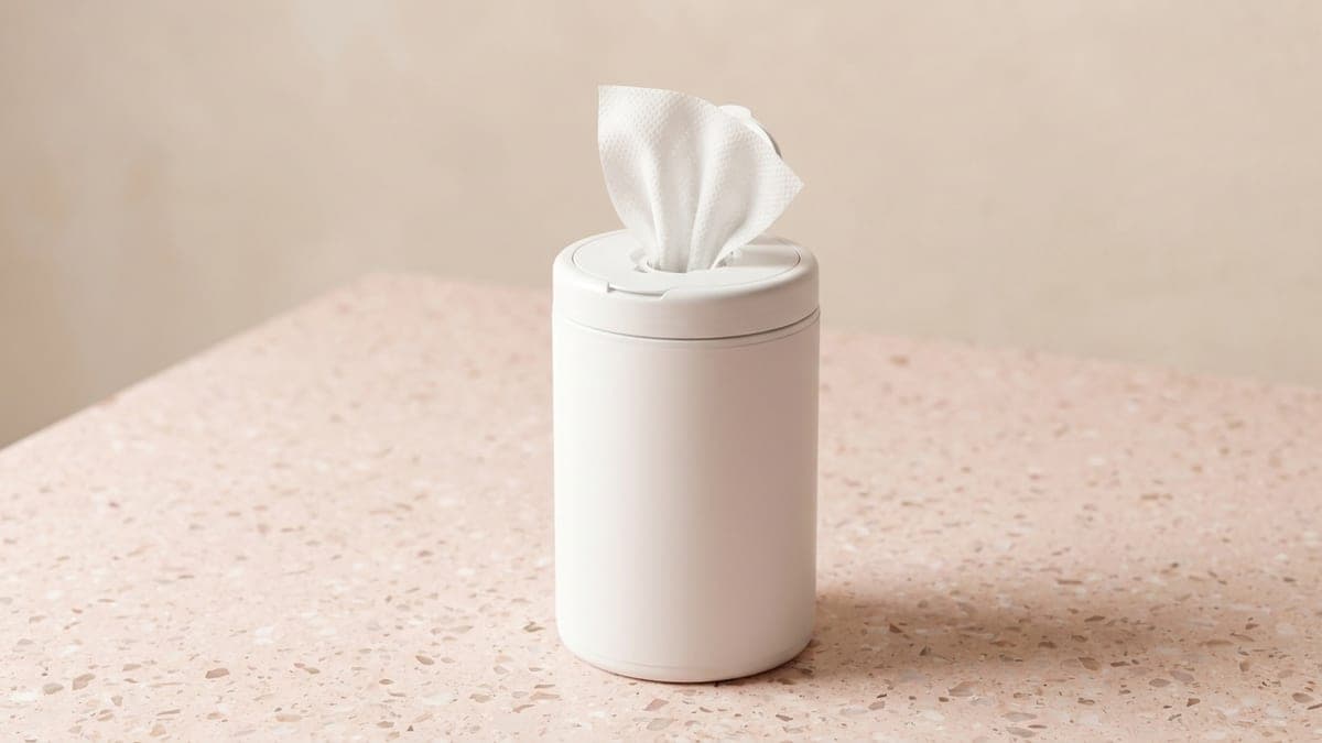 Boîte cylindrique blanche de lingettes désinfectantes, une lingette sortie par le couvercle
