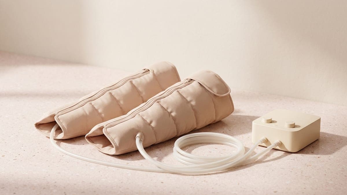 Paire de bottes de pressothérapie beige à compartiments, reliées par des tubes à un boîtier de commande